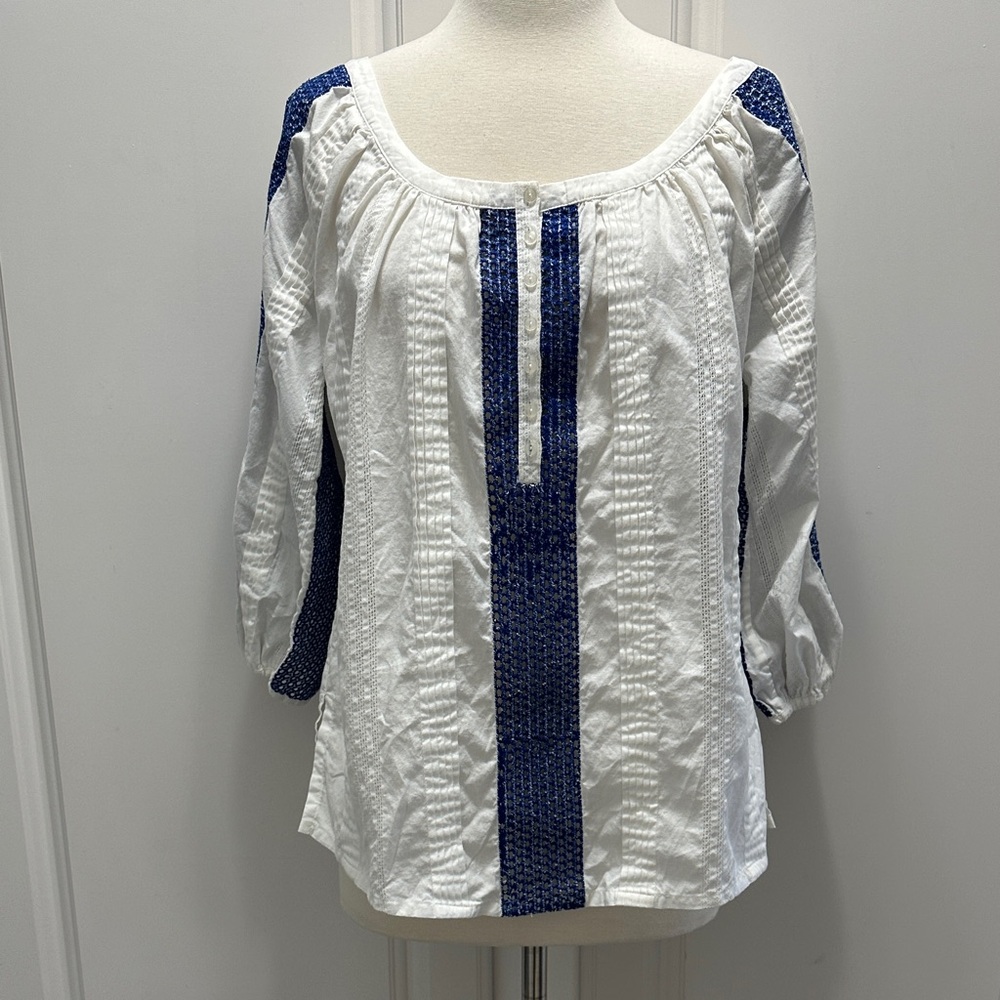 Soft Surroundings White and Navy Blouse